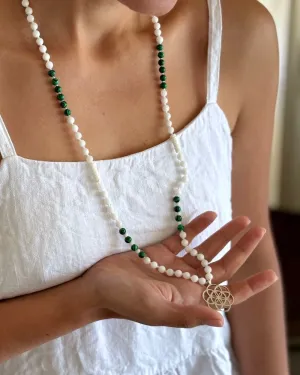 Seeds of life Gemstone Mala with White Jade and Malachite beads